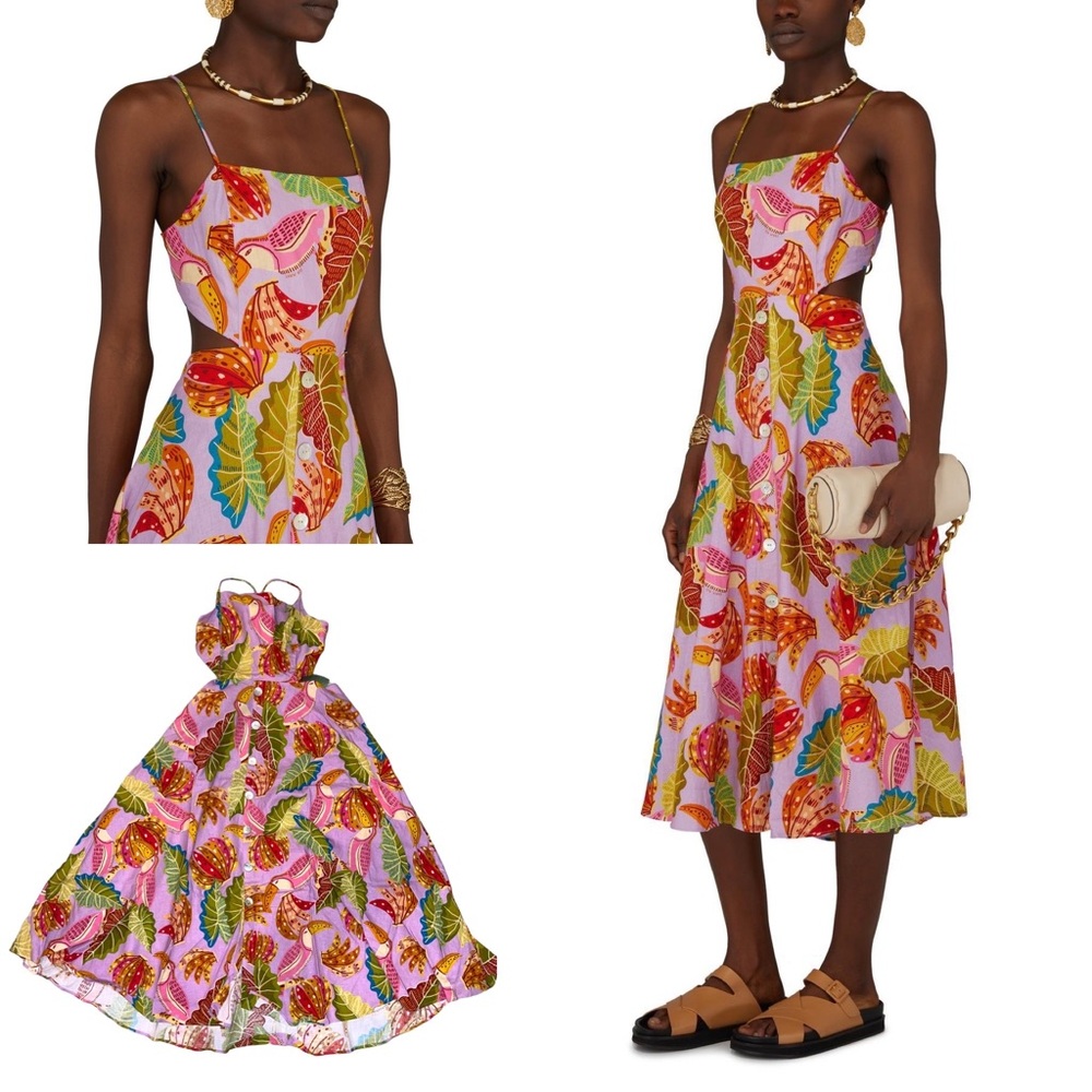 FARM Rio Pink Tropical Leaf Print Midi Dress